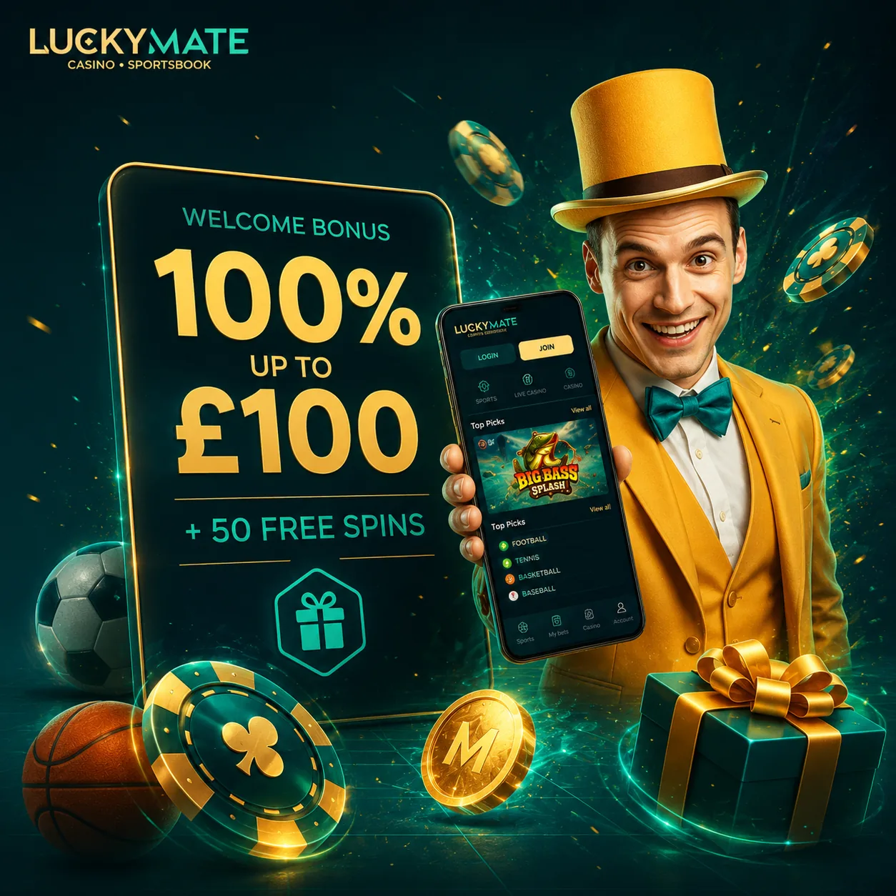 LuckyMate welcome bonus free spins visual